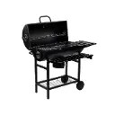 Asador de carbón tipo tambor con termómetro, bandeja de cenizas, mesa lateral y frontal