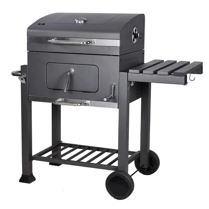 Asador de carbón con elevador de parrilla, puerta para carbón y mesa lateral